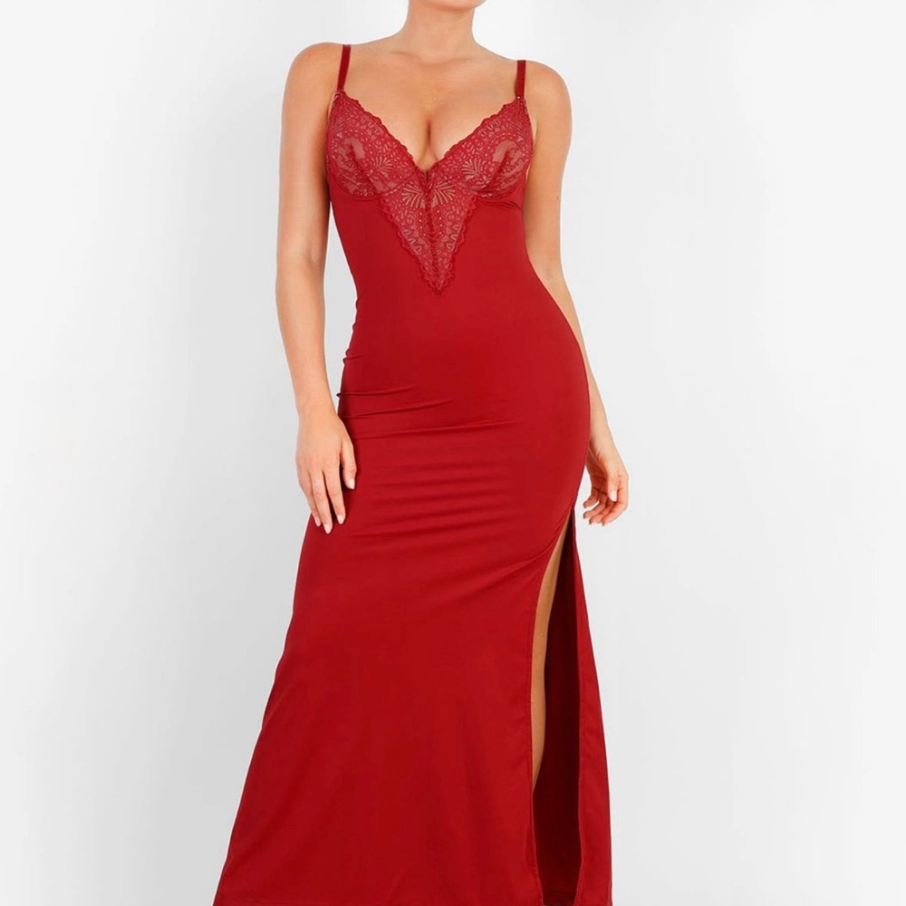 Shapewear Lace V Neck Side Slit Slimming Maxi Slip Dress